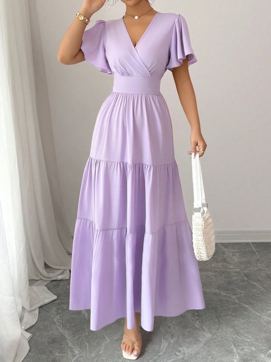 Dresses & Skirts - Classic V neck Solid Flounce Sleeve High Waisted Maxi Dress